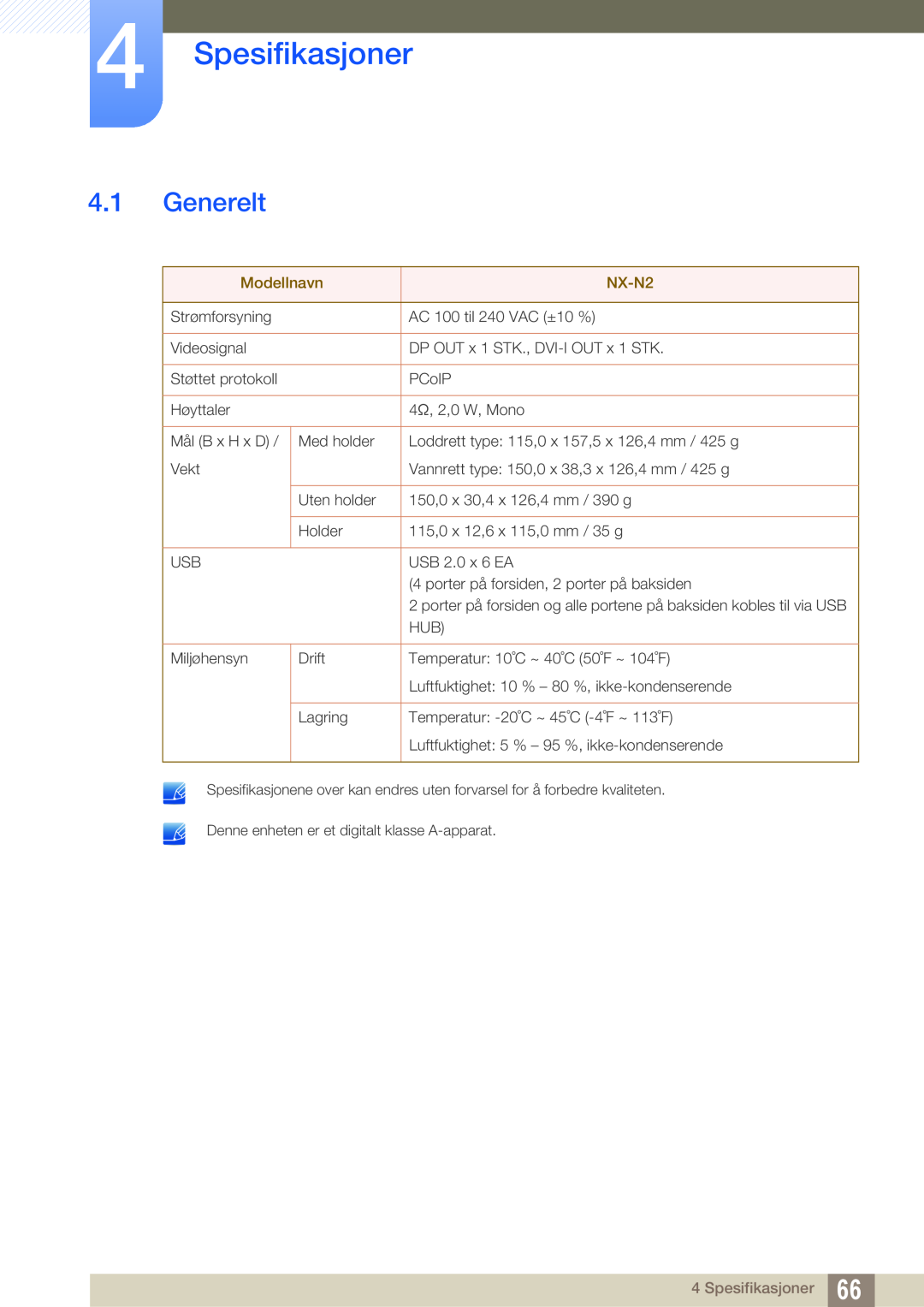 Samsung LF-NXN2N/EN, LF00FNXPFBZXEN manual Spesifikasjoner, Generelt, Modellnavn, NX-N2 