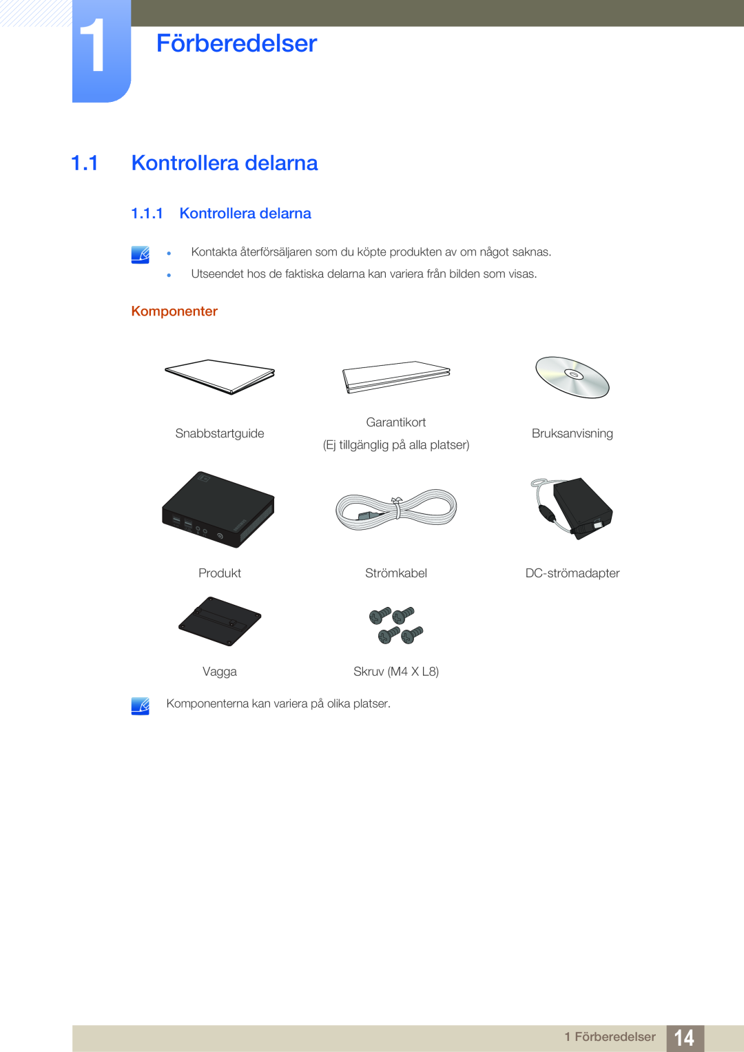 Samsung LF-NXN2N/EN, LF00FNXPFBZXEN manual 1 Förberedelser, Kontrollera delarna, Komponenter 