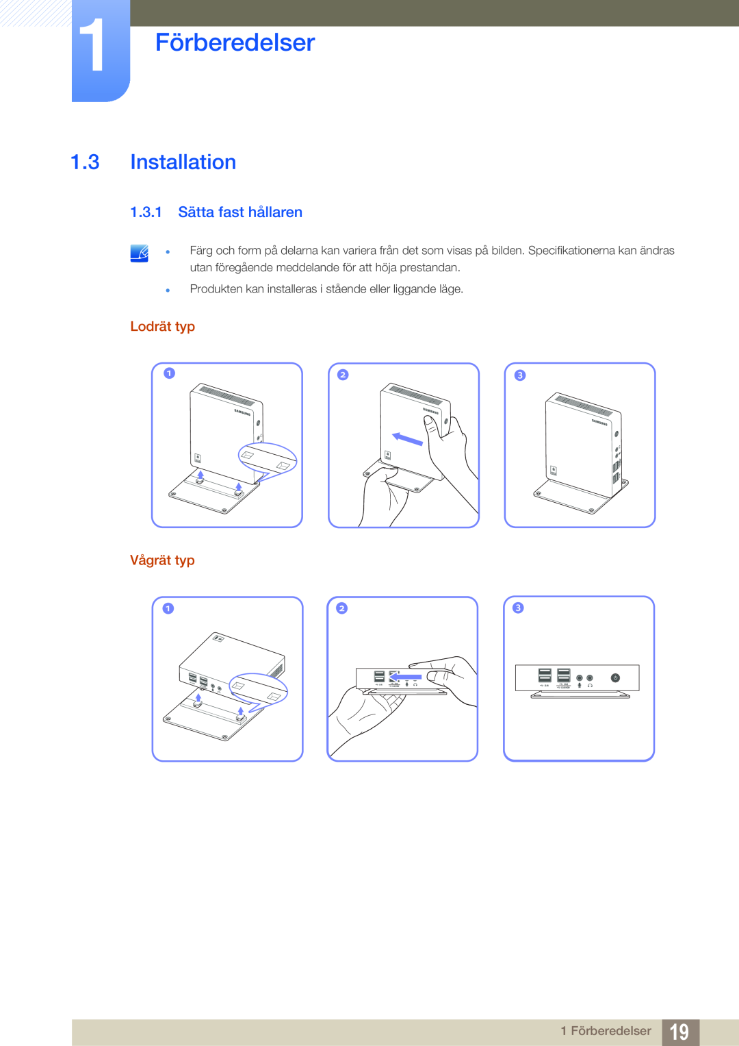 Samsung LF00FNXPFBZXEN, LF-NXN2N/EN manual Installation, 1.3.1 Sätta fast hållaren, 1 Förberedelser, Lodrät typ Vågrät typ 