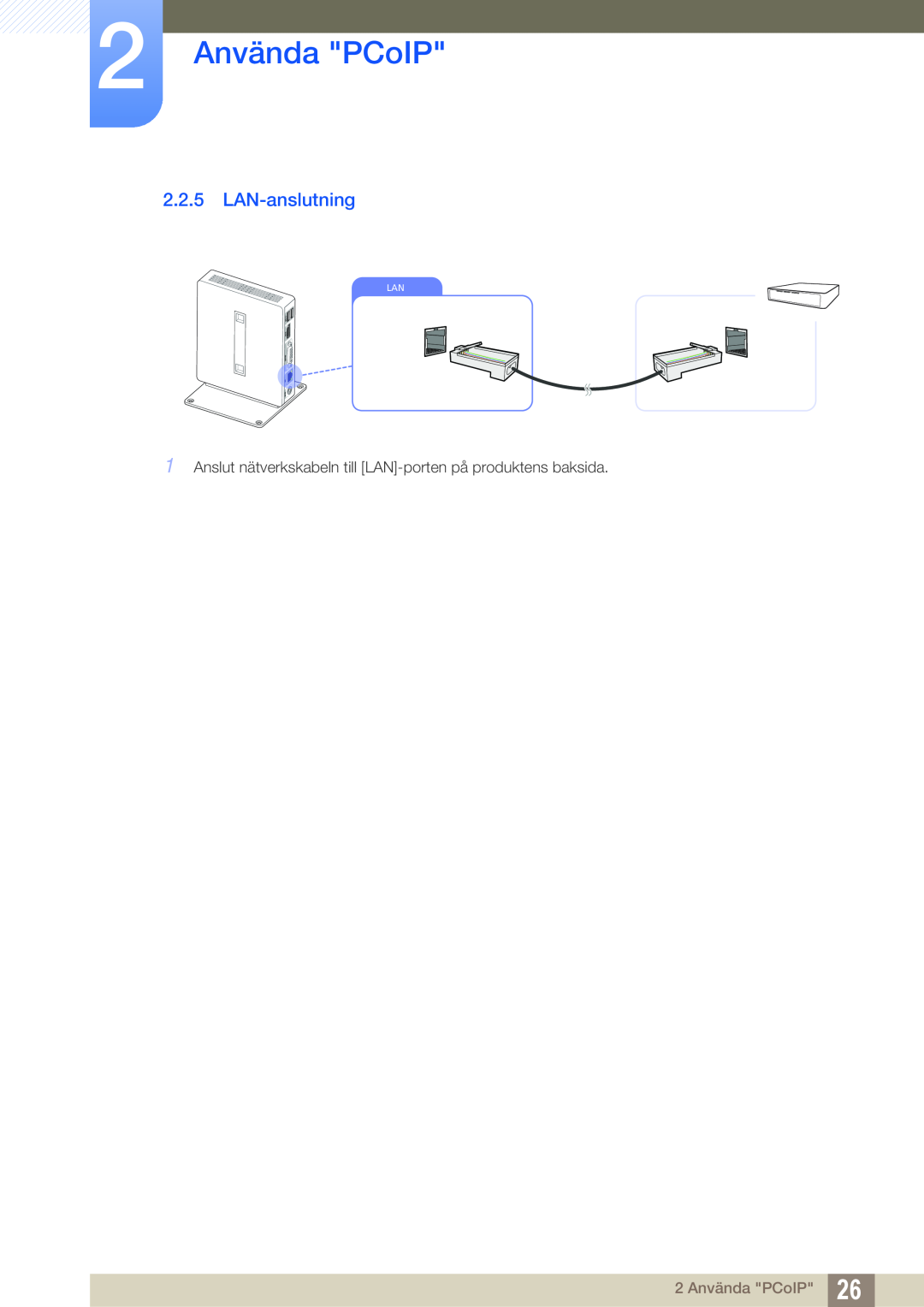 Samsung LF-NXN2N/EN manual LAN-anslutning, 2 Använda PCoIP, Anslut nätverkskabeln till LAN-porten på produktens baksida 