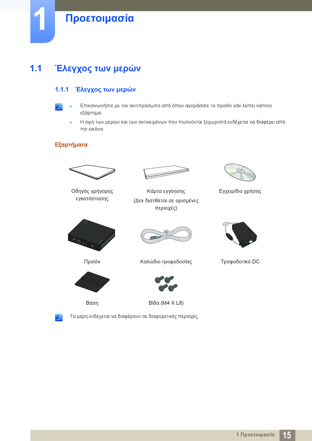 Samsung LF-NXN2N/EN manual 1 Έλεγχος των μερών, Εξαρτήματα 