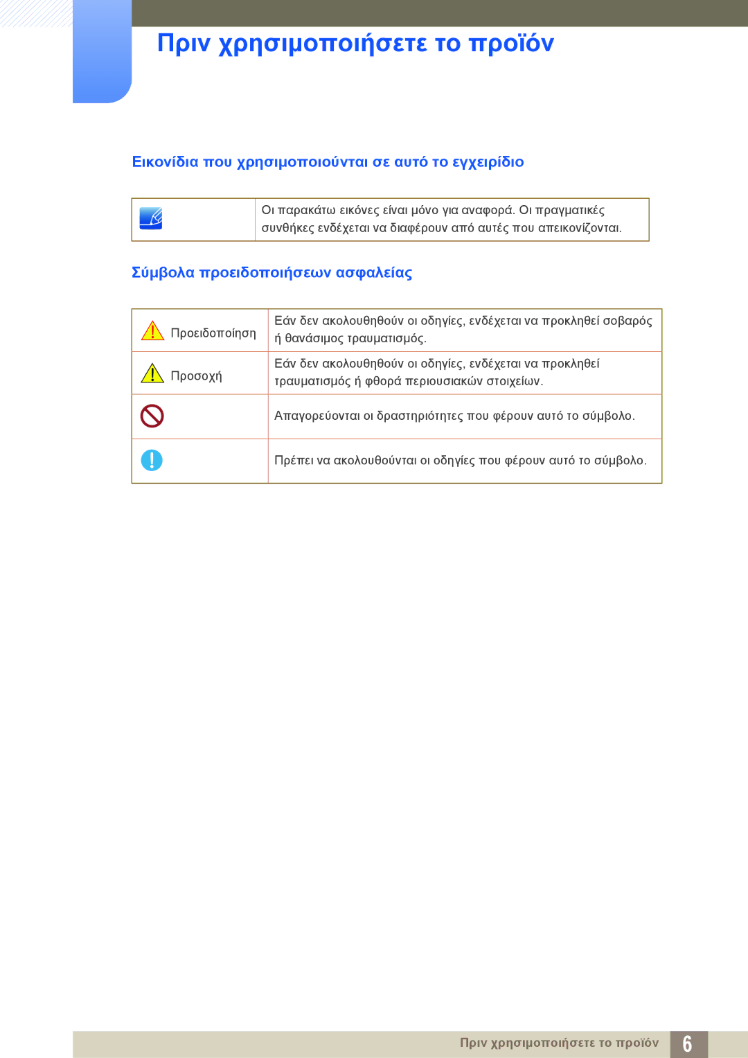 Samsung LF-NXN2N/EN manual Εικονίδια που χρησιμοποιούνται σε αυτό το εγχειρίδιο, Σύμβολα προειδοποιήσεων ασφαλείας 