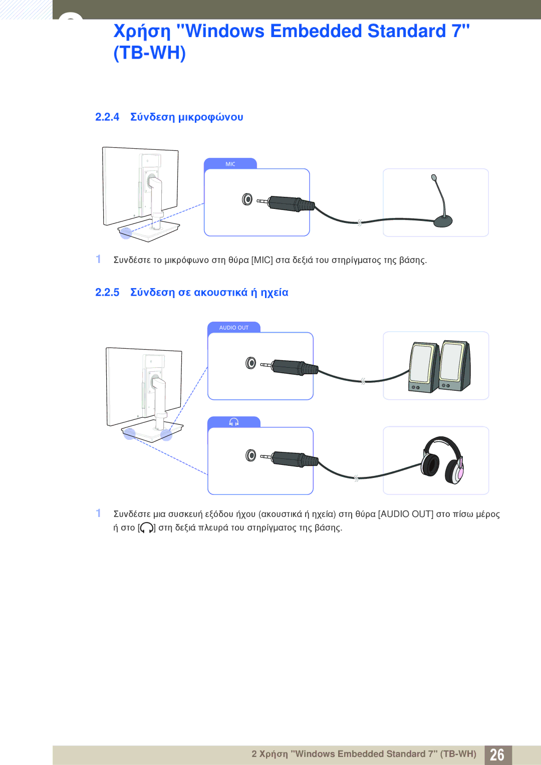 Samsung LF-TBWHD/EN manual 4 Σύνδεση μικροφώνου, 5 Σύνδεση σε ακουστικά ή ηχεία 