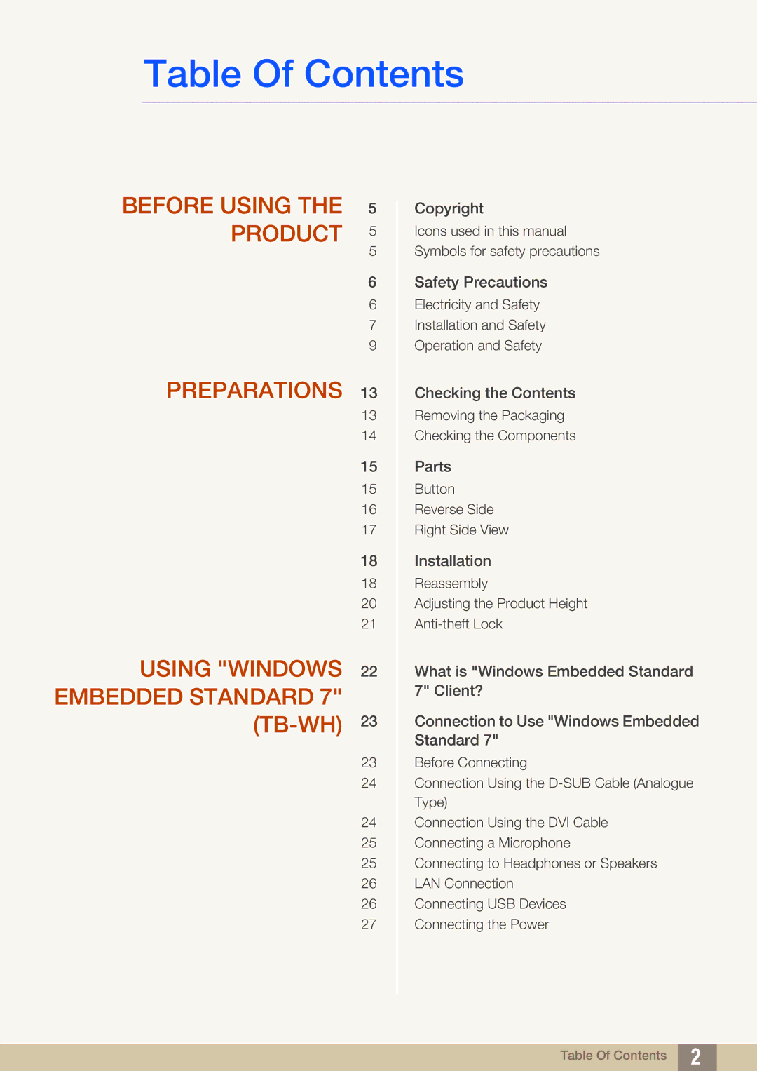 Samsung LF-TBWHD/EN, LF-TBWHF/EN, LF-TBCHA/EN, LF-TBWHF/XY manual Table Of Contents 