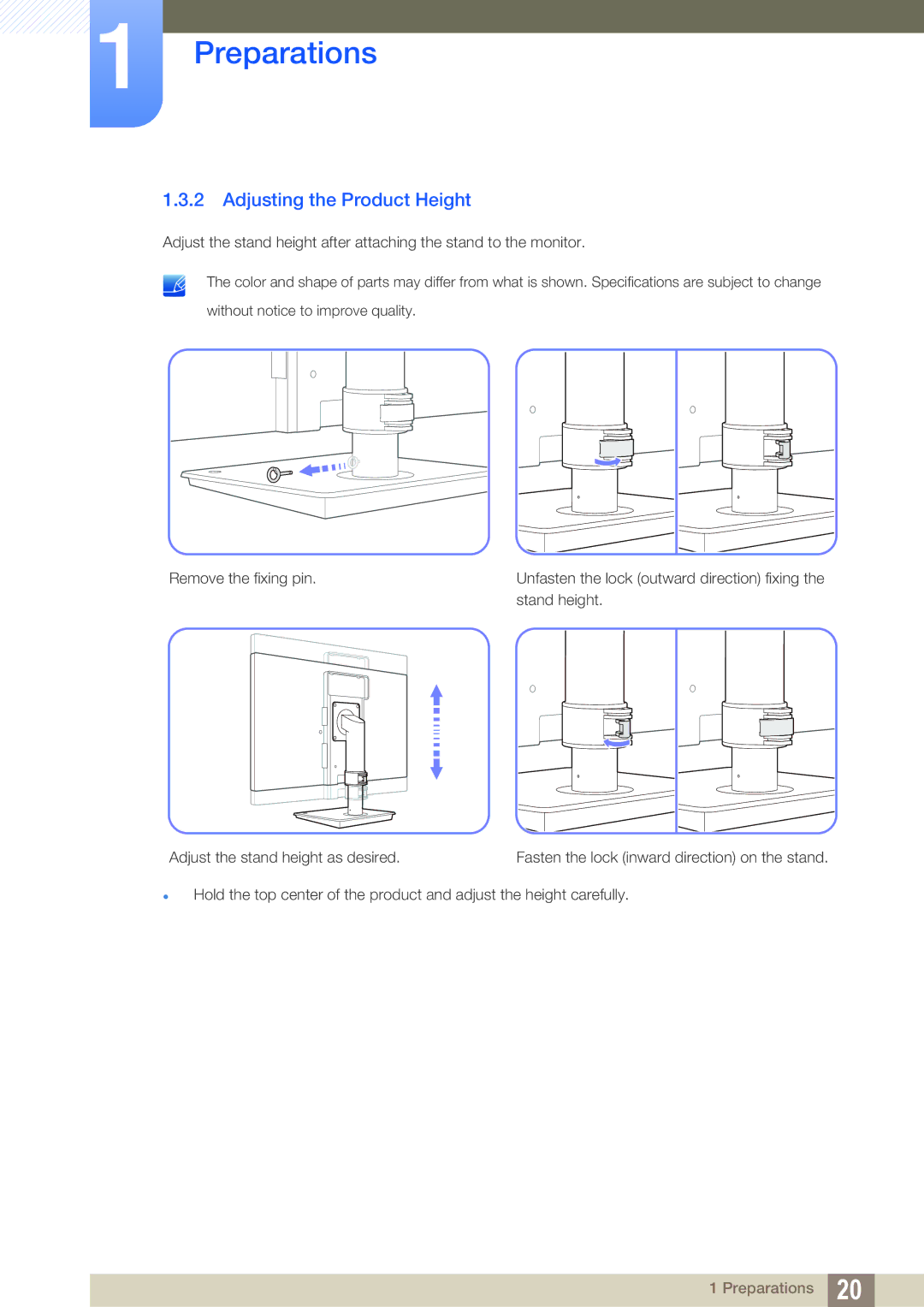 Samsung LF-TBWHF/EN, LF-TBCHA/EN, LF-TBWHD/EN, LF-TBWHF/XY manual Adjusting the Product Height 