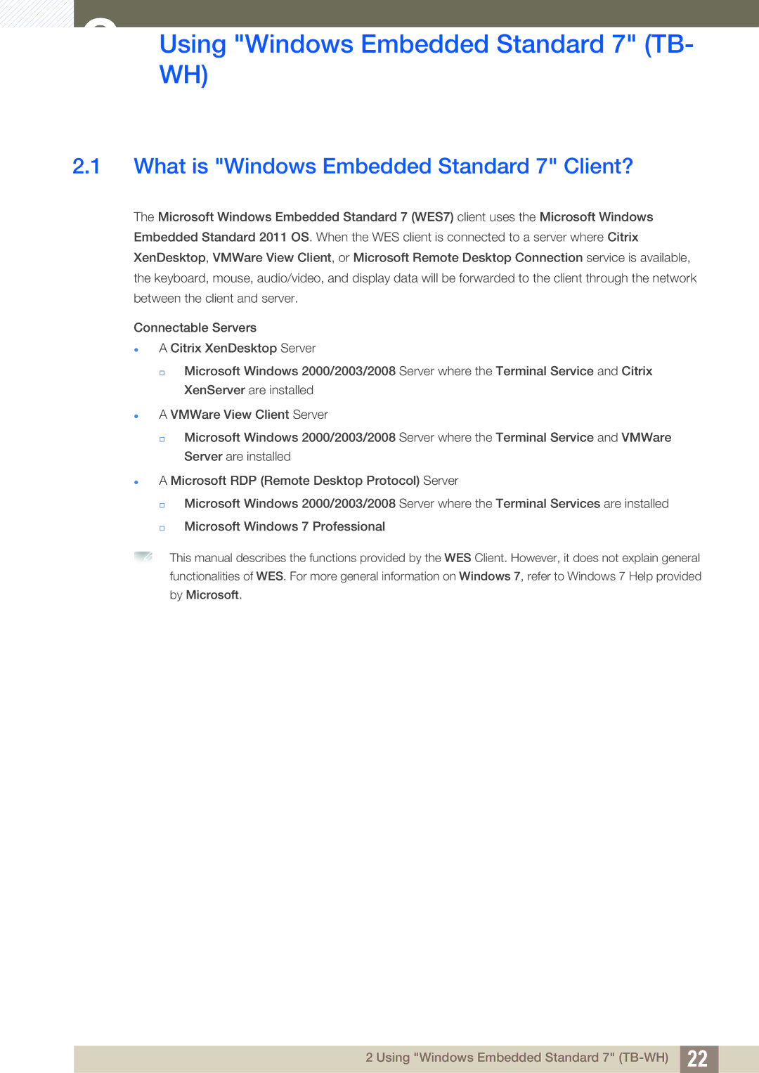 Samsung LF-TBWHD/EN, LF-TBWHF/EN manual UsingWH Windows Embedded Standard 7 TB, What is Windows Embedded Standard 7 Client? 