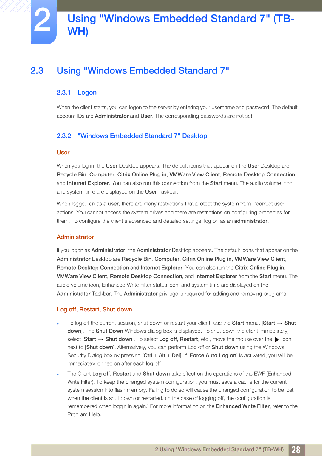 Samsung LF-TBWHF/EN, LF-TBCHA/EN, LF-TBWHD/EN Using Windows Embedded Standard, Logon, Windows Embedded Standard 7 Desktop 