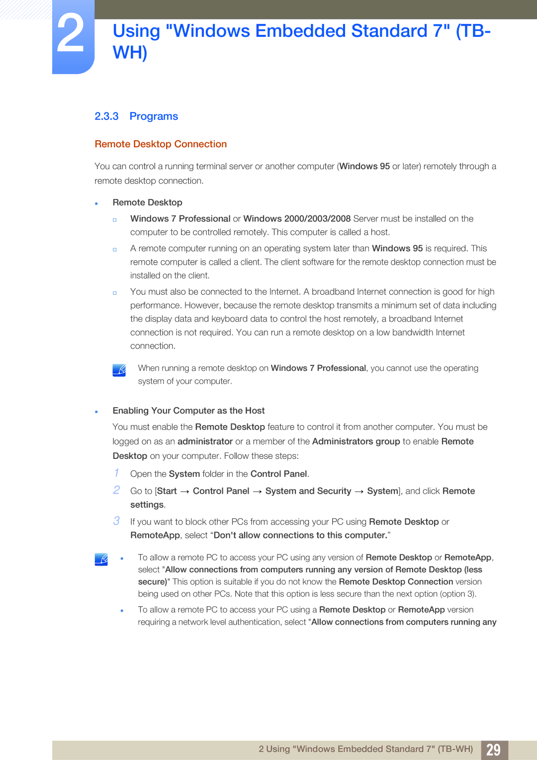 Samsung LF-TBCHA/EN, LF-TBWHF/EN, LF-TBWHD/EN, LF-TBWHF/XY manual Programs, Remote Desktop Connection 