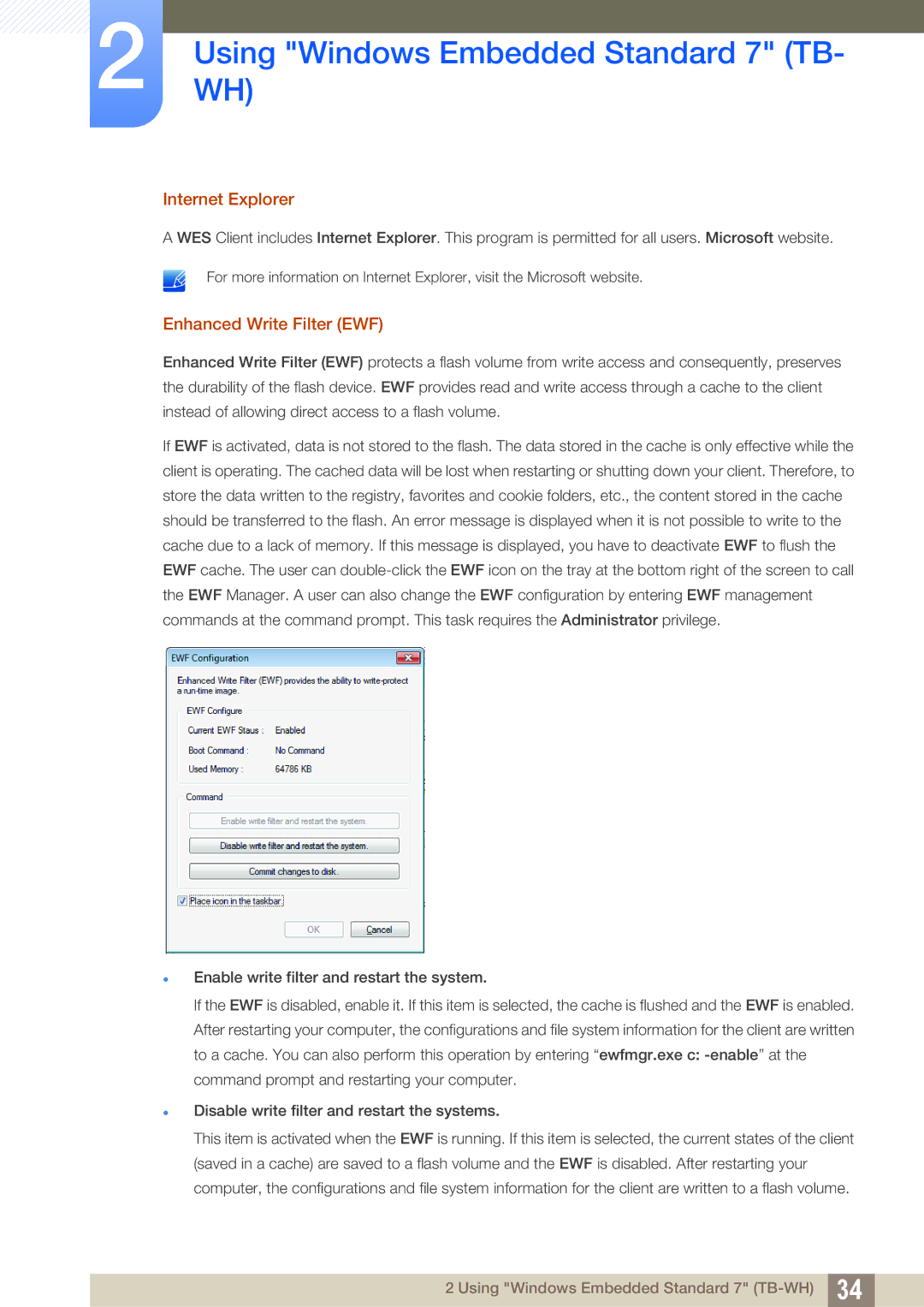 Samsung LF-TBWHD/EN, LF-TBWHF/EN, LF-TBCHA/EN, LF-TBWHF/XY manual Internet Explorer, Enhanced Write Filter EWF 