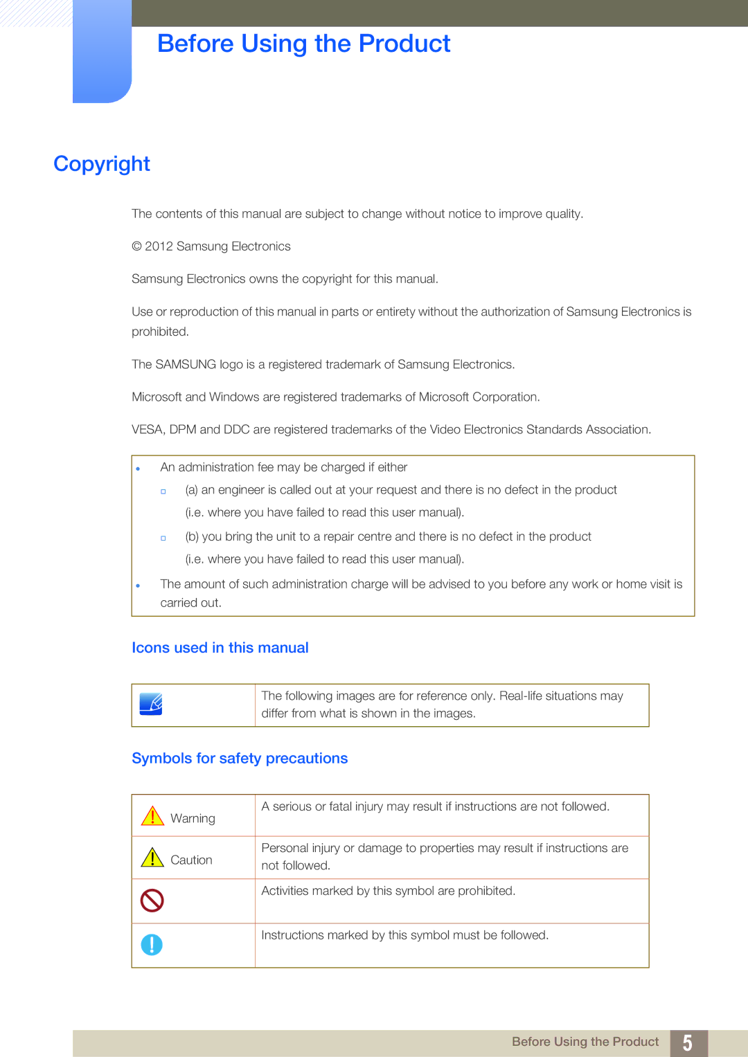 Samsung LF-TBCHA/EN, LF-TBWHF/EN, LF-TBWHD/EN Copyright, Icons used in this manual, Symbols for safety precautions 