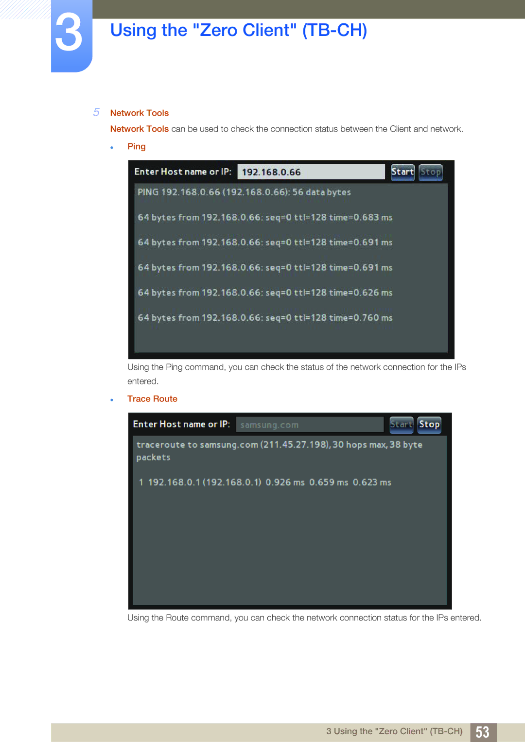 Samsung LF-TBCHA/EN, LF-TBWHF/EN, LF-TBWHD/EN, LF-TBWHF/XY manual Network Tools,  Ping,  Trace Route 