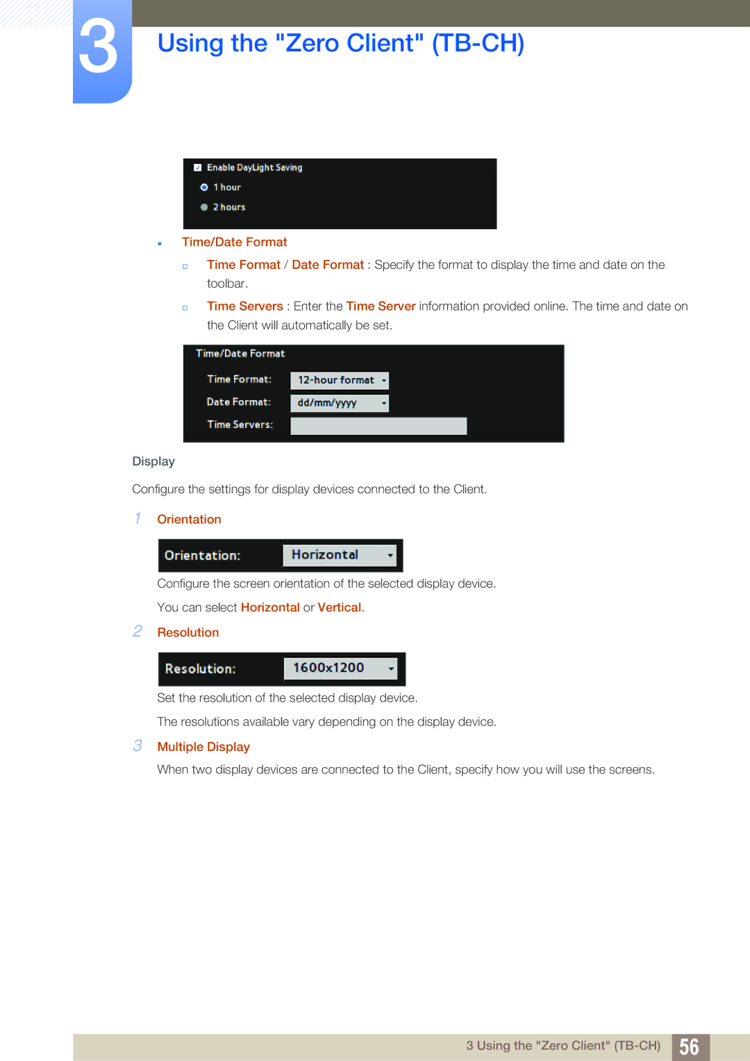 Samsung LF-TBWHF/EN, LF-TBCHA/EN, LF-TBWHD/EN, LF-TBWHF/XY  Time/Date Format, Orientation, Resolution, Multiple Display 