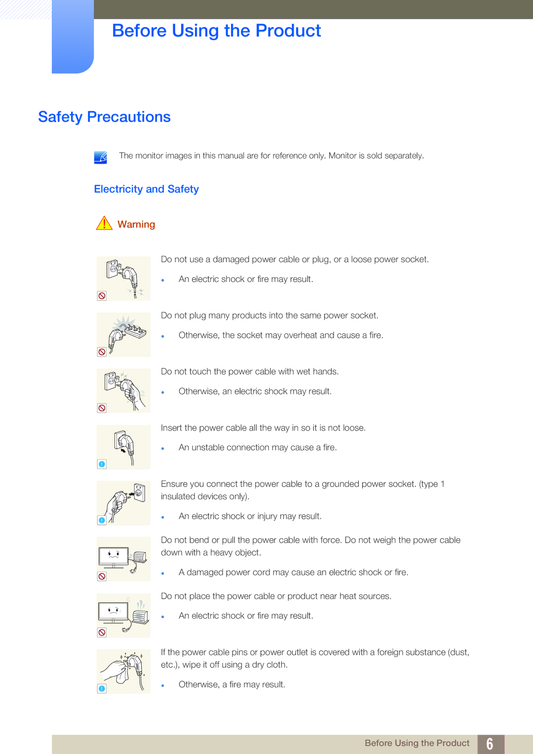 Samsung LF-TBWHD/EN, LF-TBWHF/EN, LF-TBCHA/EN, LF-TBWHF/XY manual Safety Precautions, Electricity and Safety 