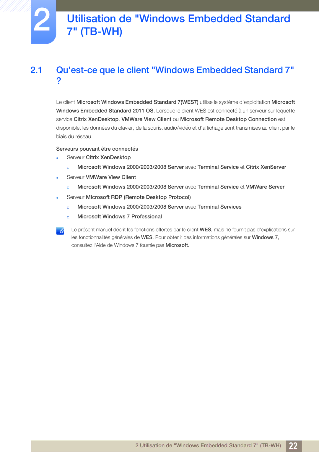 Samsung LF-TBCHA/EN Utilisation de Windows Embedded Standard 7 TB-WH, Quest-ce que le client Windows Embedded Standard 