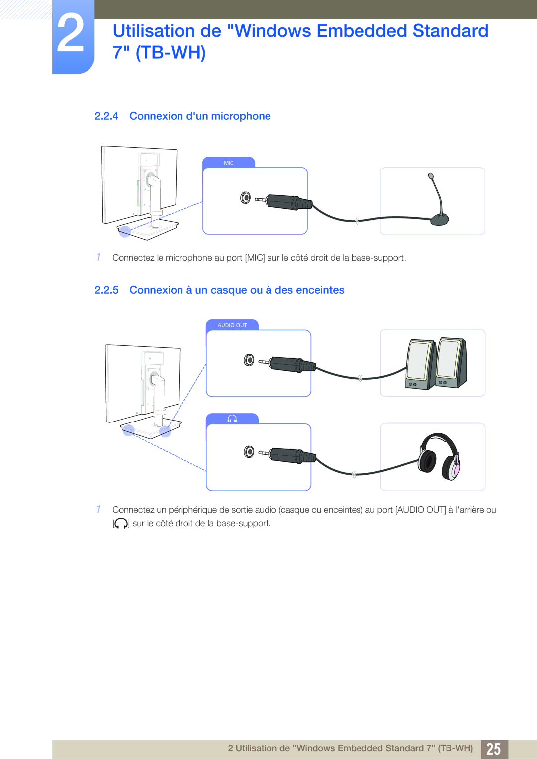 Samsung LF-TBCHA/EN, LF-TBWHF/EN, LF-TBWHD/EN manual Connexion dun microphone, Connexion à un casque ou à des enceintes 