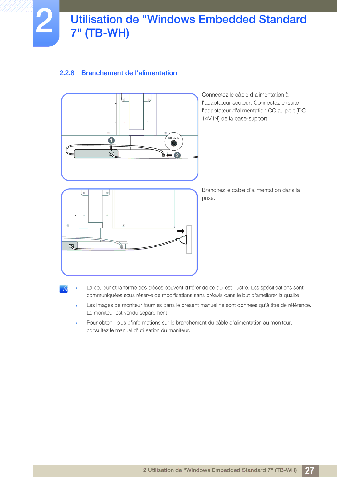 Samsung LF-TBWHF/EN, LF-TBCHA/EN, LF-TBWHD/EN Branchement de lalimentation, Branchez le câble dalimentation dans la prise 