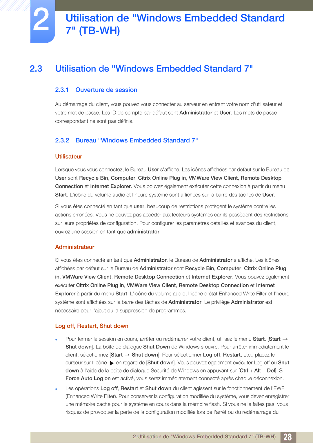 Samsung LF-TBCHA/EN manual Utilisation de Windows Embedded Standard, Ouverture de session, Bureau Windows Embedded Standard 