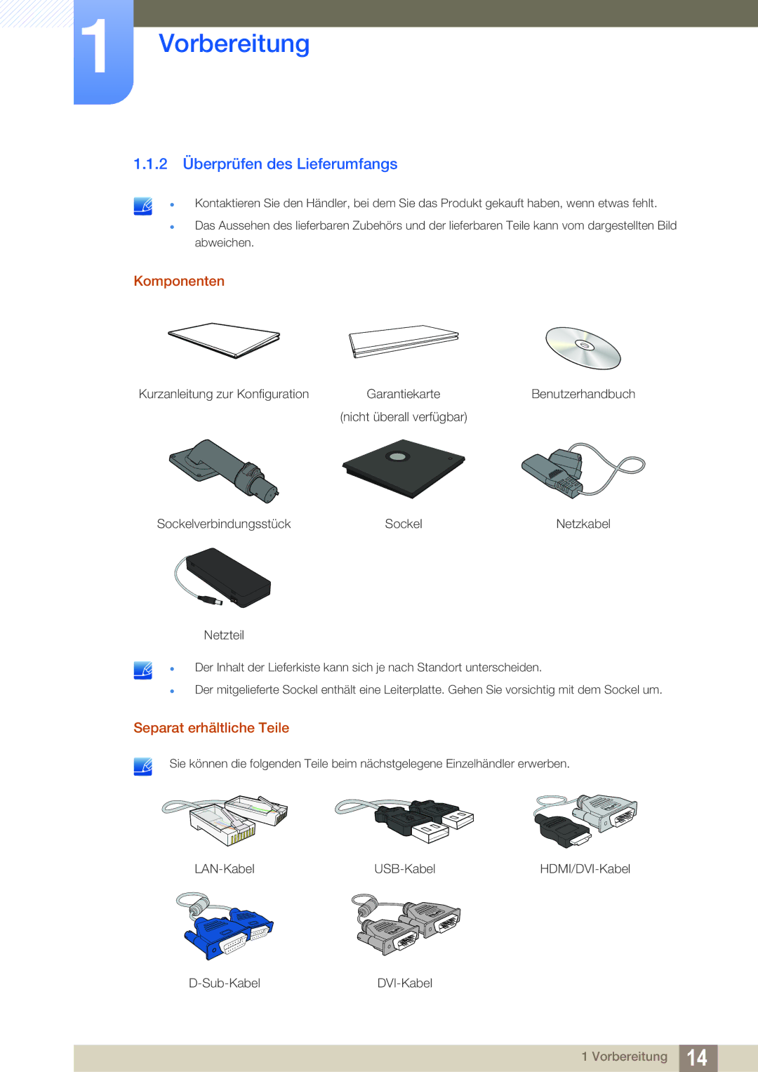 Samsung LF-TBWHF/EN, LF-TBWHD/EN manual 2 Überprüfen des Lieferumfangs, Komponenten, Separat erhältliche Teile 