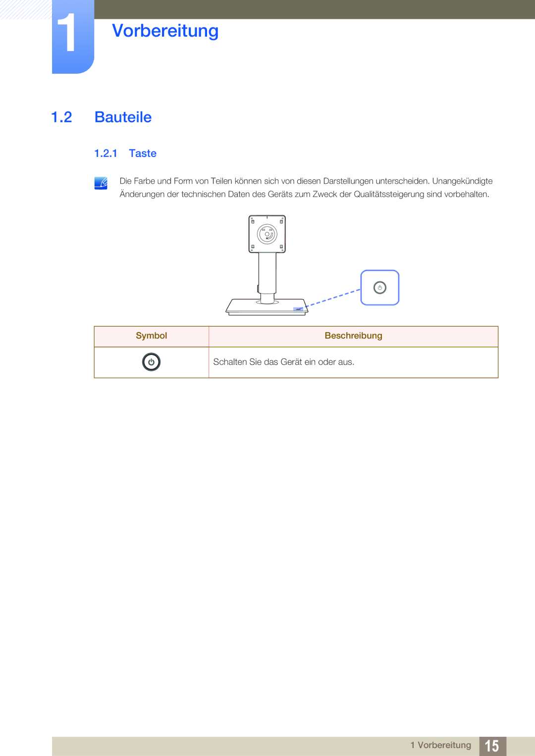 Samsung LF-TBWHD/EN, LF-TBWHF/EN manual Bauteile, Taste 