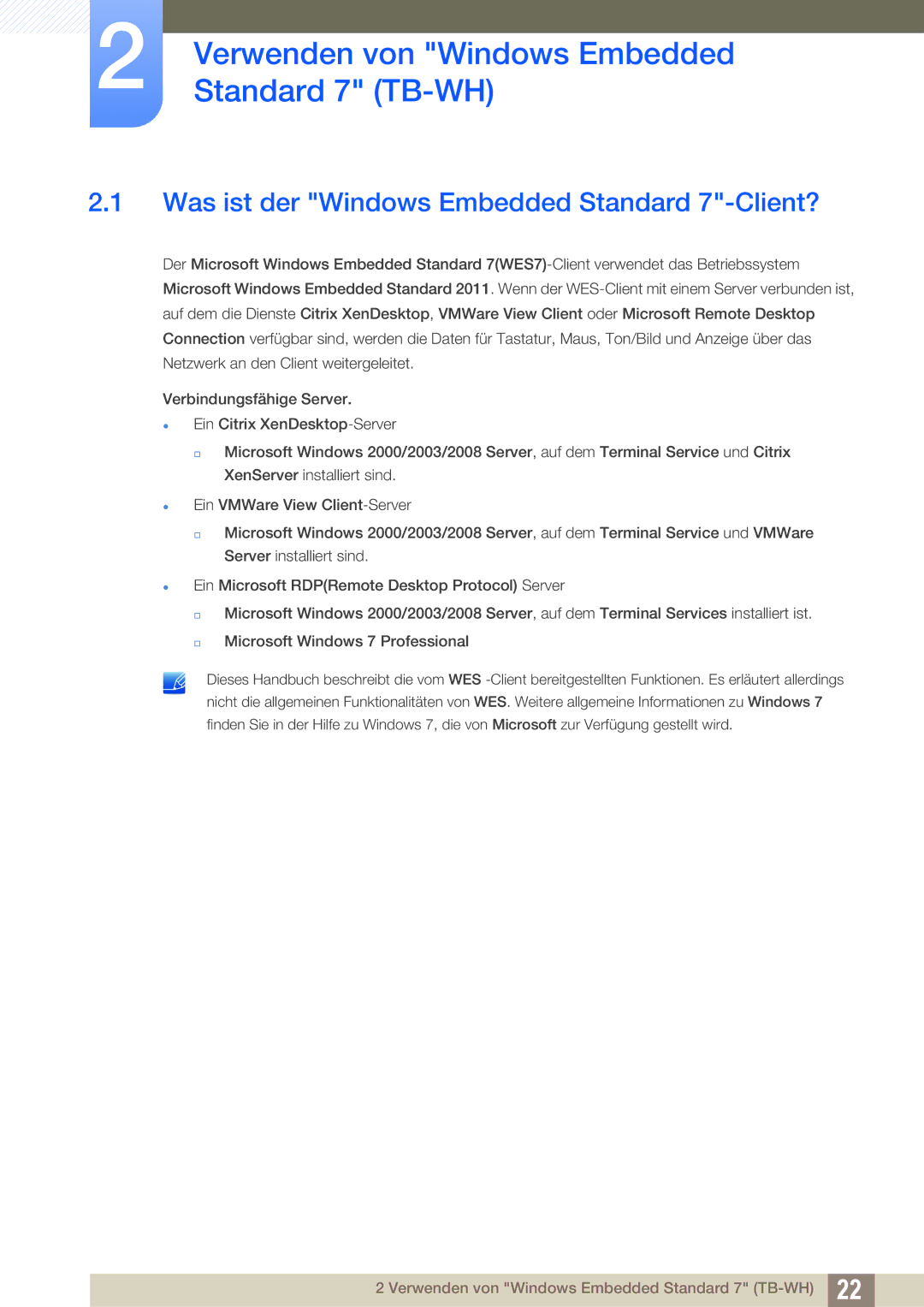 Samsung LF-TBWHF/EN manual Verwenden von Windows Embedded Standard 7 TB-WH, Was ist der Windows Embedded Standard 7-Client? 