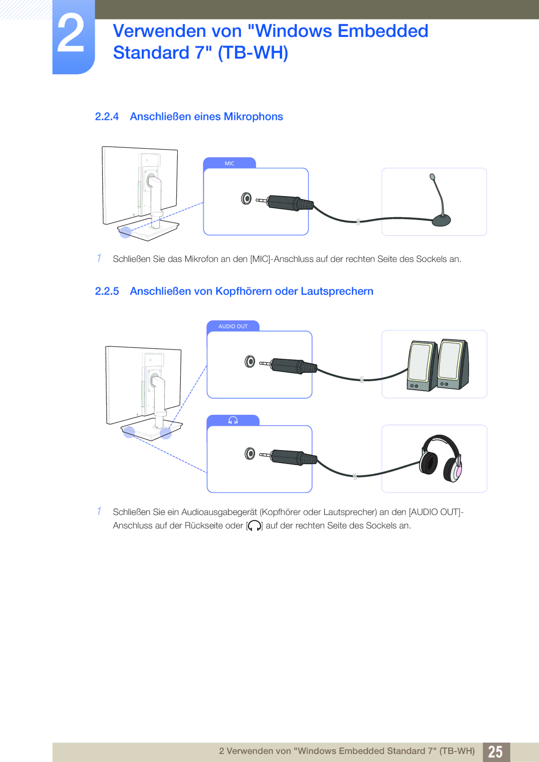 Samsung LF-TBWHD/EN, LF-TBWHF/EN manual Anschließen eines Mikrophons, Anschließen von Kopfhörern oder Lautsprechern 