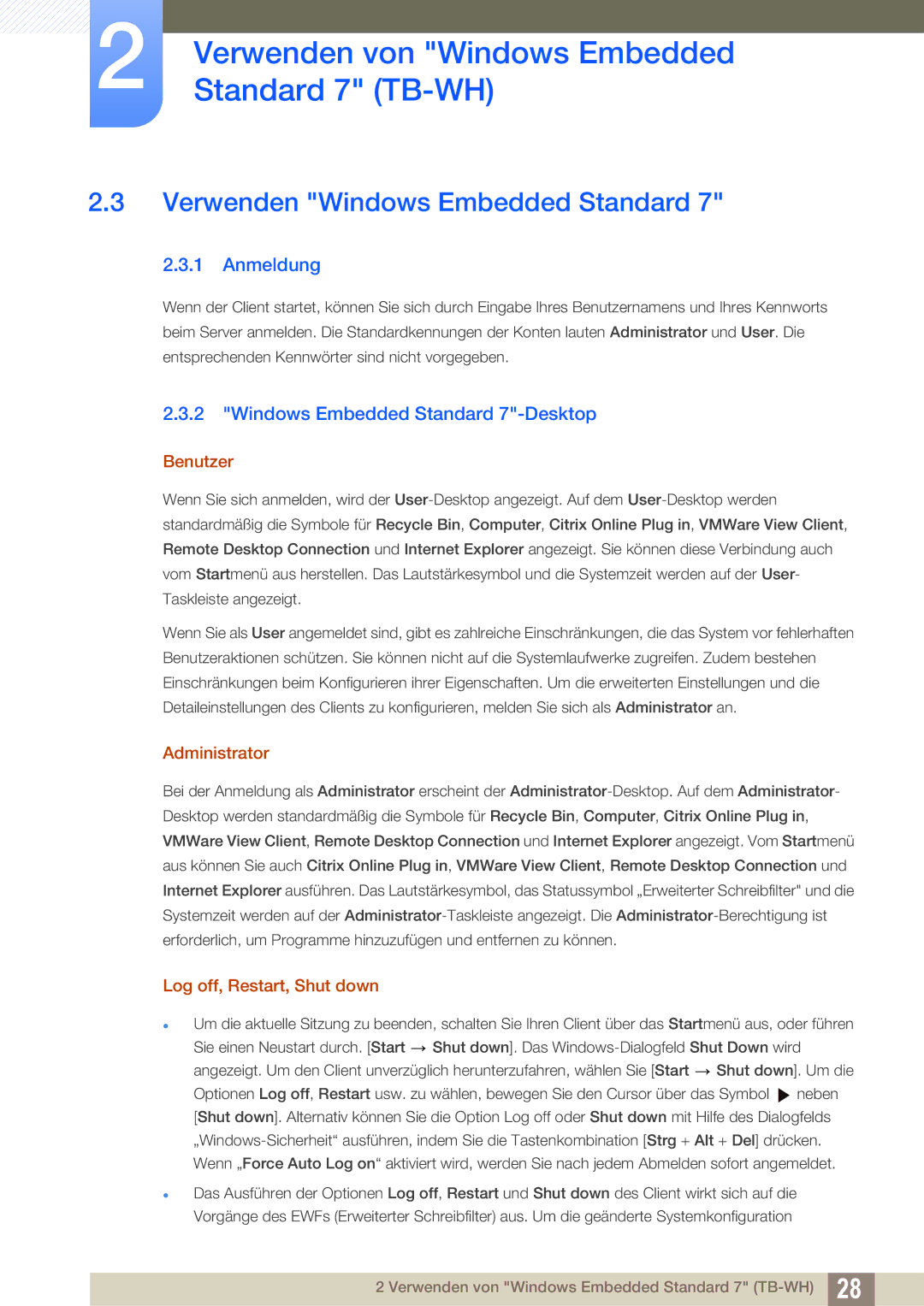 Samsung LF-TBWHF/EN, LF-TBWHD/EN manual Verwenden Windows Embedded Standard, Anmeldung, Windows Embedded Standard 7-Desktop 