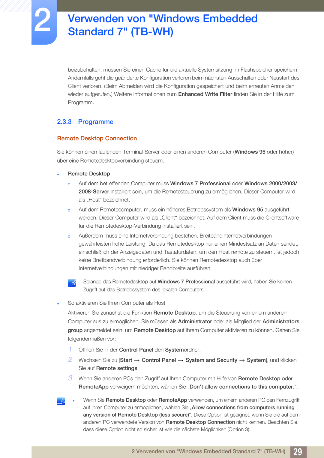 Samsung LF-TBWHD/EN, LF-TBWHF/EN manual Programme, Remote Desktop Connection 