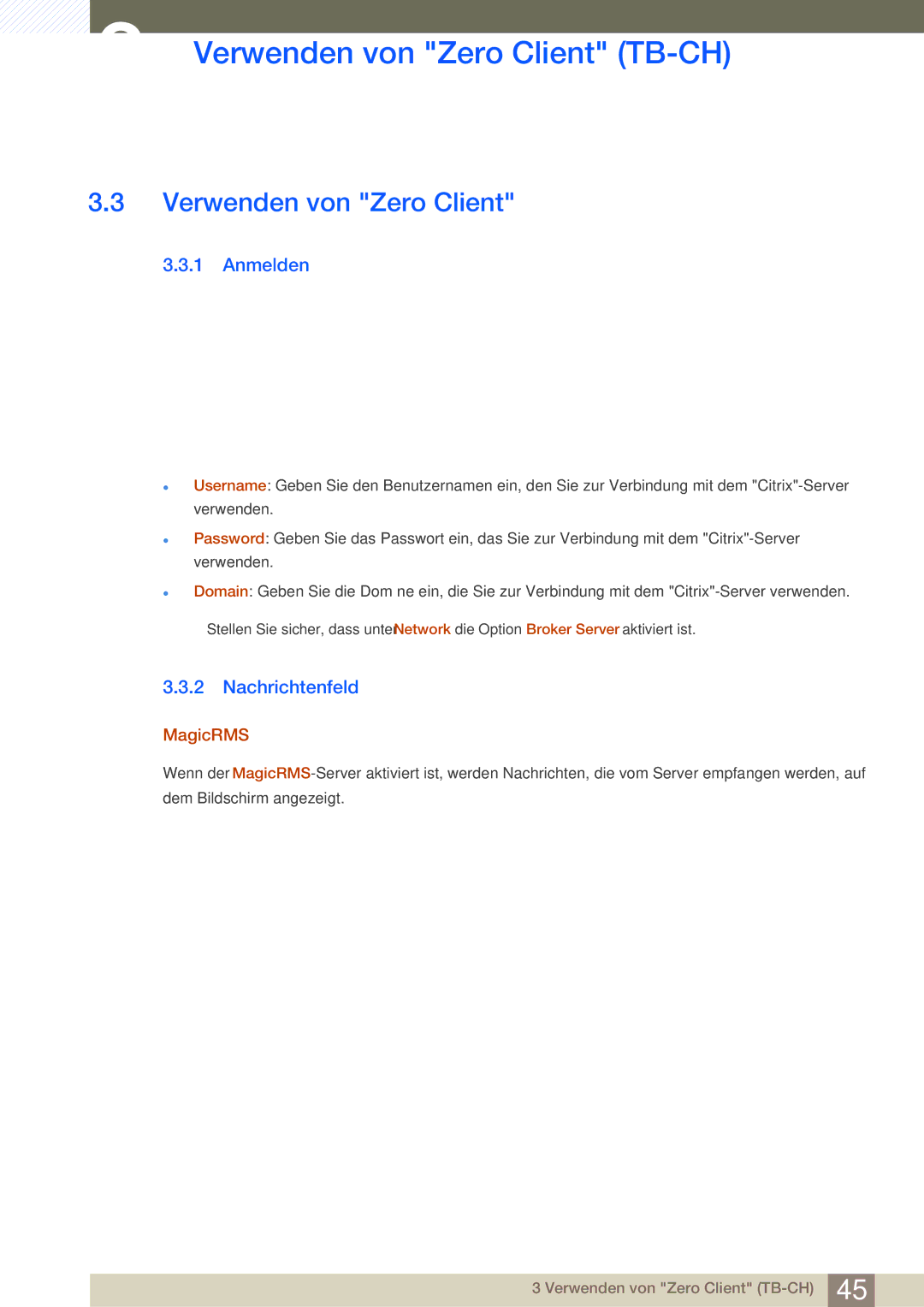 Samsung LF-TBWHD/EN, LF-TBWHF/EN manual Verwenden von Zero Client, Anmelden, Nachrichtenfeld, MagicRMS 