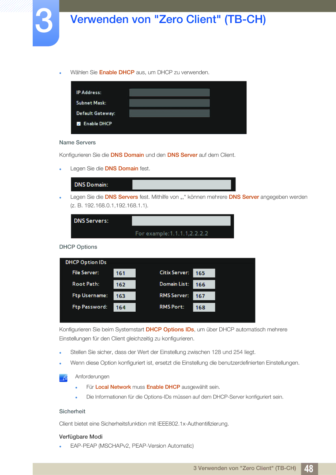 Samsung LF-TBWHF/EN manual Name Servers, Dhcp Options,  Für Local Network muss Enable Dhcp ausgewählt sein, Sicherheit 