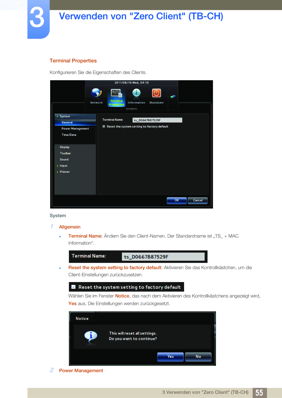 Samsung LF-TBWHD/EN, LF-TBWHF/EN manual Terminal Properties, System, Allgemein, Power Management 