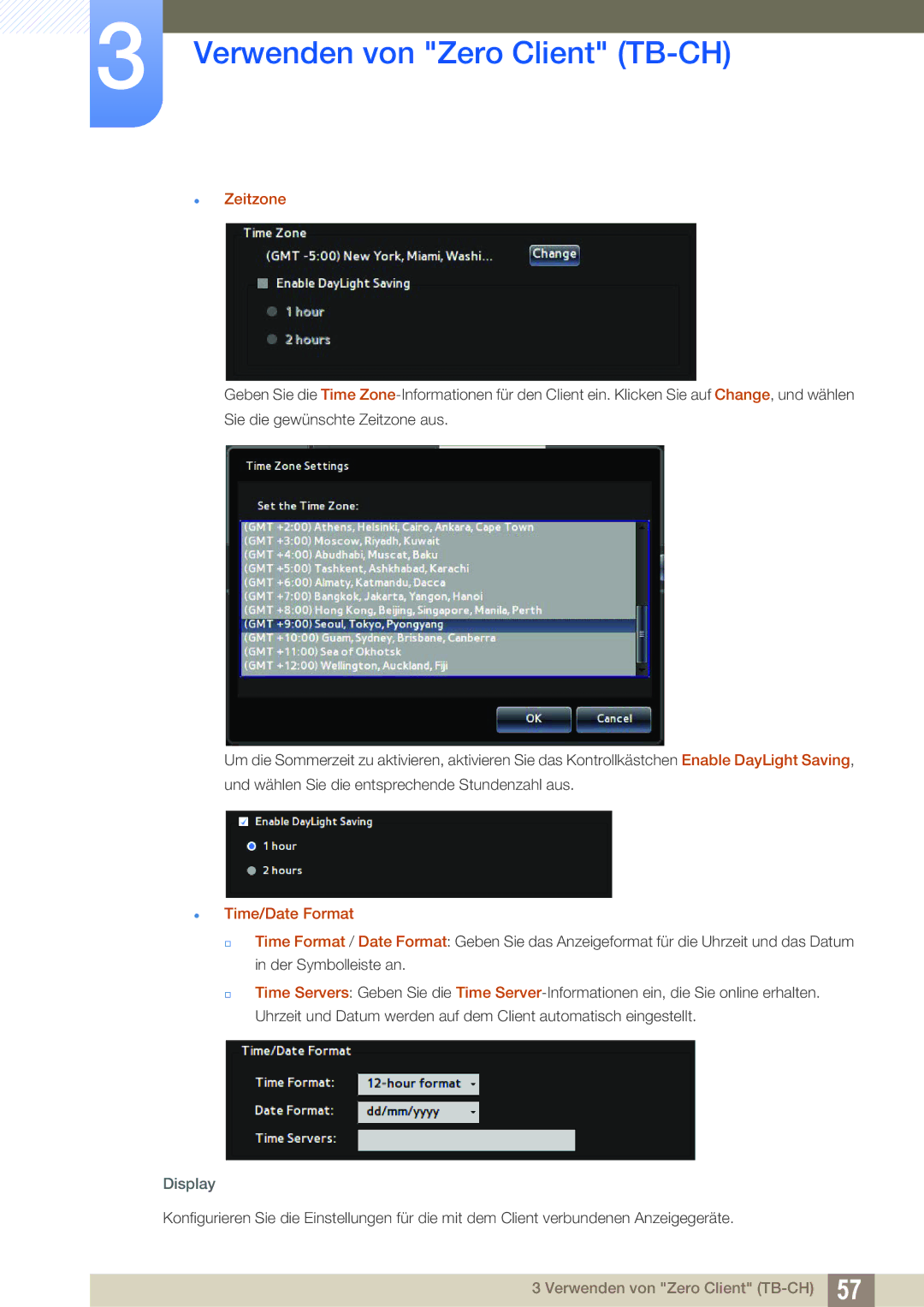 Samsung LF-TBWHD/EN, LF-TBWHF/EN manual  Zeitzone,  Time/Date Format, Display 