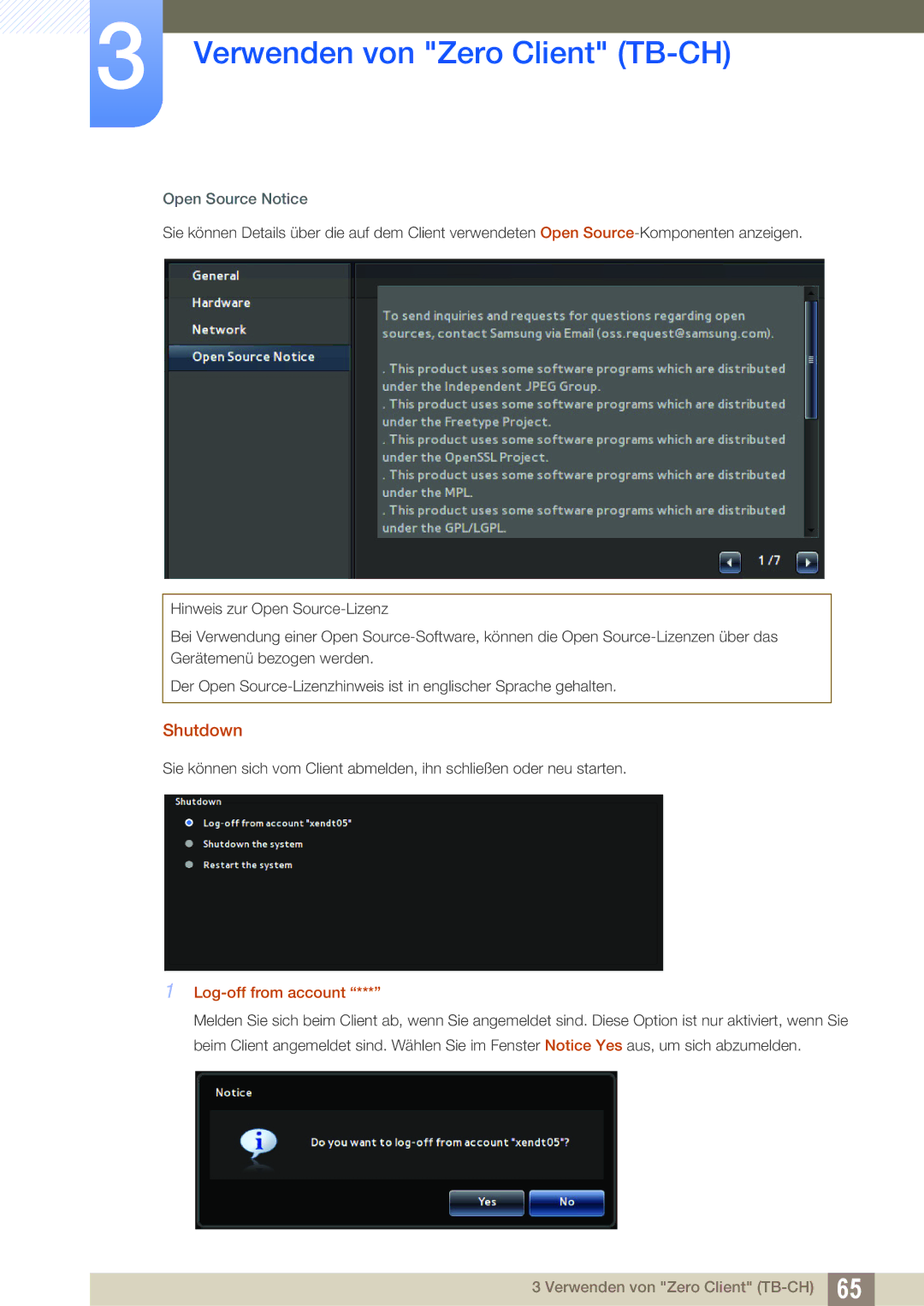 Samsung LF-TBWHD/EN, LF-TBWHF/EN manual Shutdown, Open Source Notice, Log-off from account 