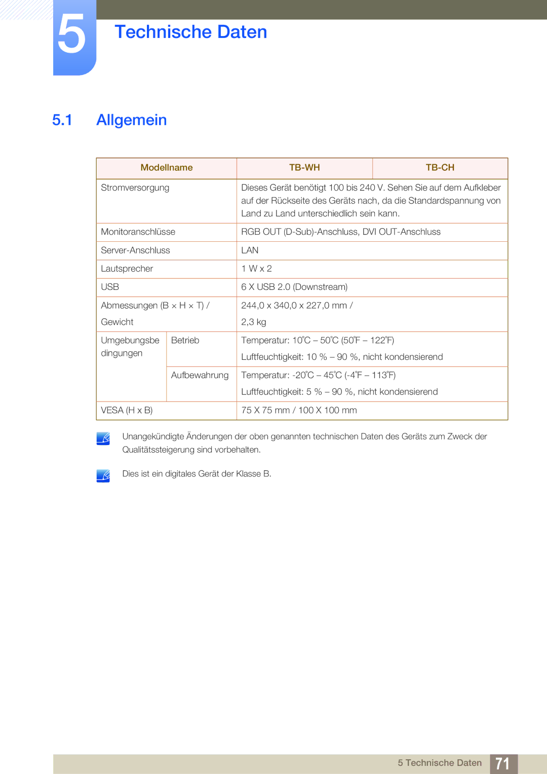 Samsung LF-TBWHD/EN, LF-TBWHF/EN manual Technische Daten, Allgemein 