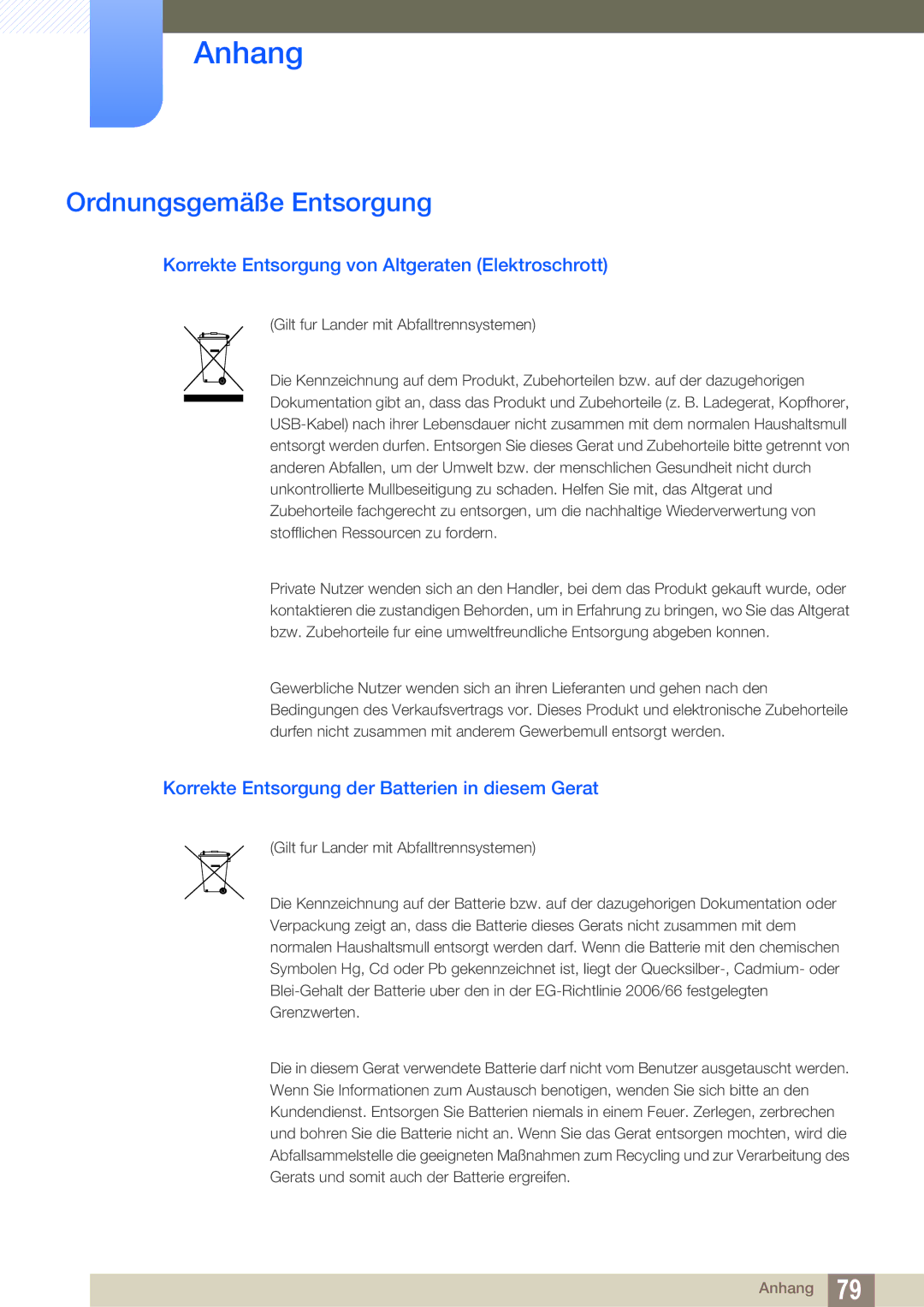 Samsung LF-TBWHD/EN, LF-TBWHF/EN manual Ordnungsgemäße Entsorgung, Korrekte Entsorgung von Altgeraten Elektroschrott 