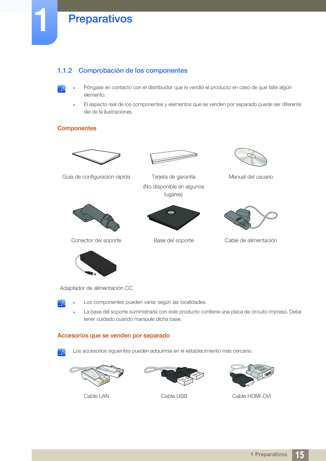 Samsung LF-TBWHD/EN, LF-TBWHF/EN manual Comprobación de los componentes, Componentes, Accesorios que se venden por separado 