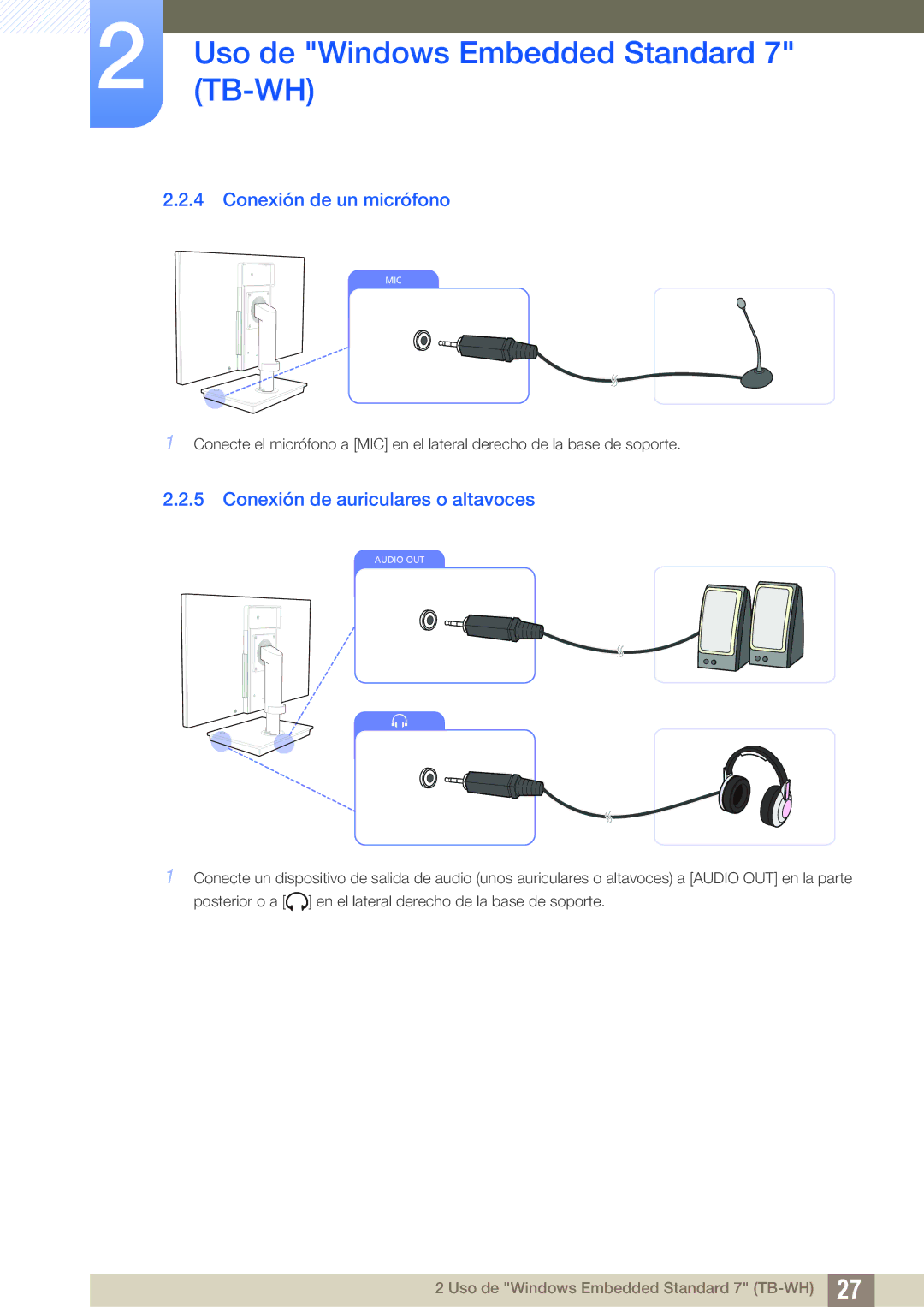 Samsung LF-TBWHD/EN, LF-TBWHF/EN manual Conexión de un micrófono, Conexión de auriculares o altavoces 