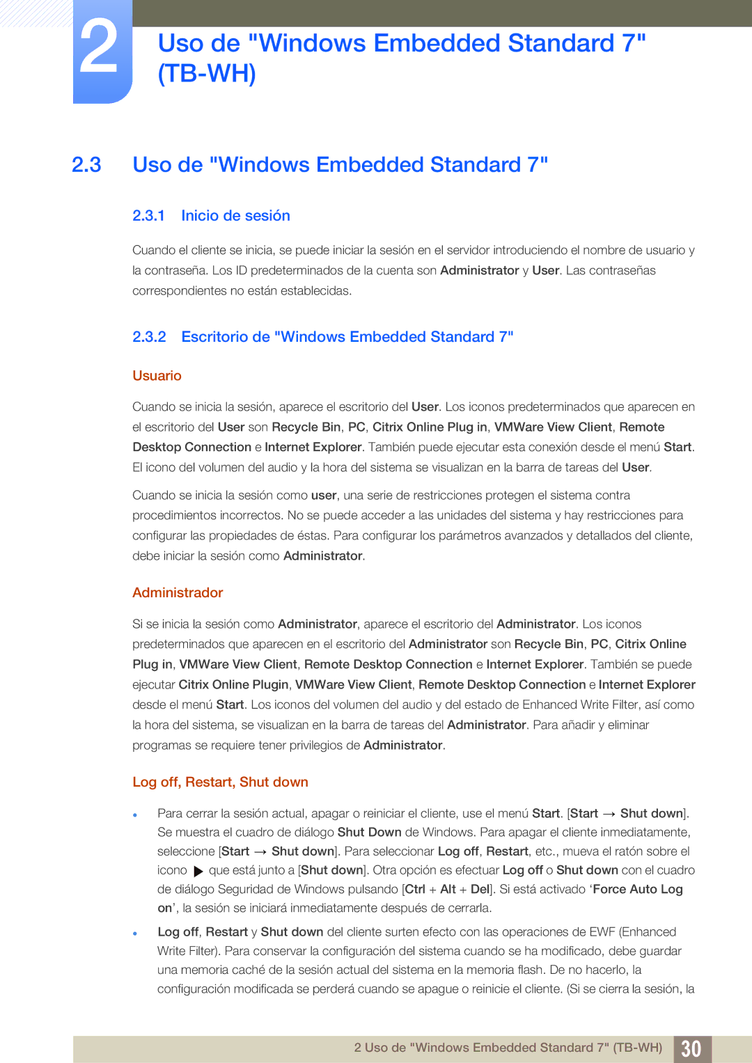 Samsung LF-TBWHF/EN manual Uso de Windows Embedded Standard, Inicio de sesión, Escritorio de Windows Embedded Standard 