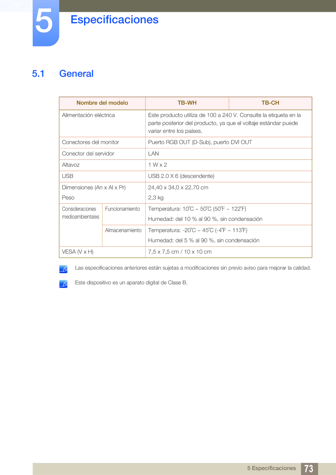 Samsung LF-TBWHD/EN, LF-TBWHF/EN manual Especificaciones, General 