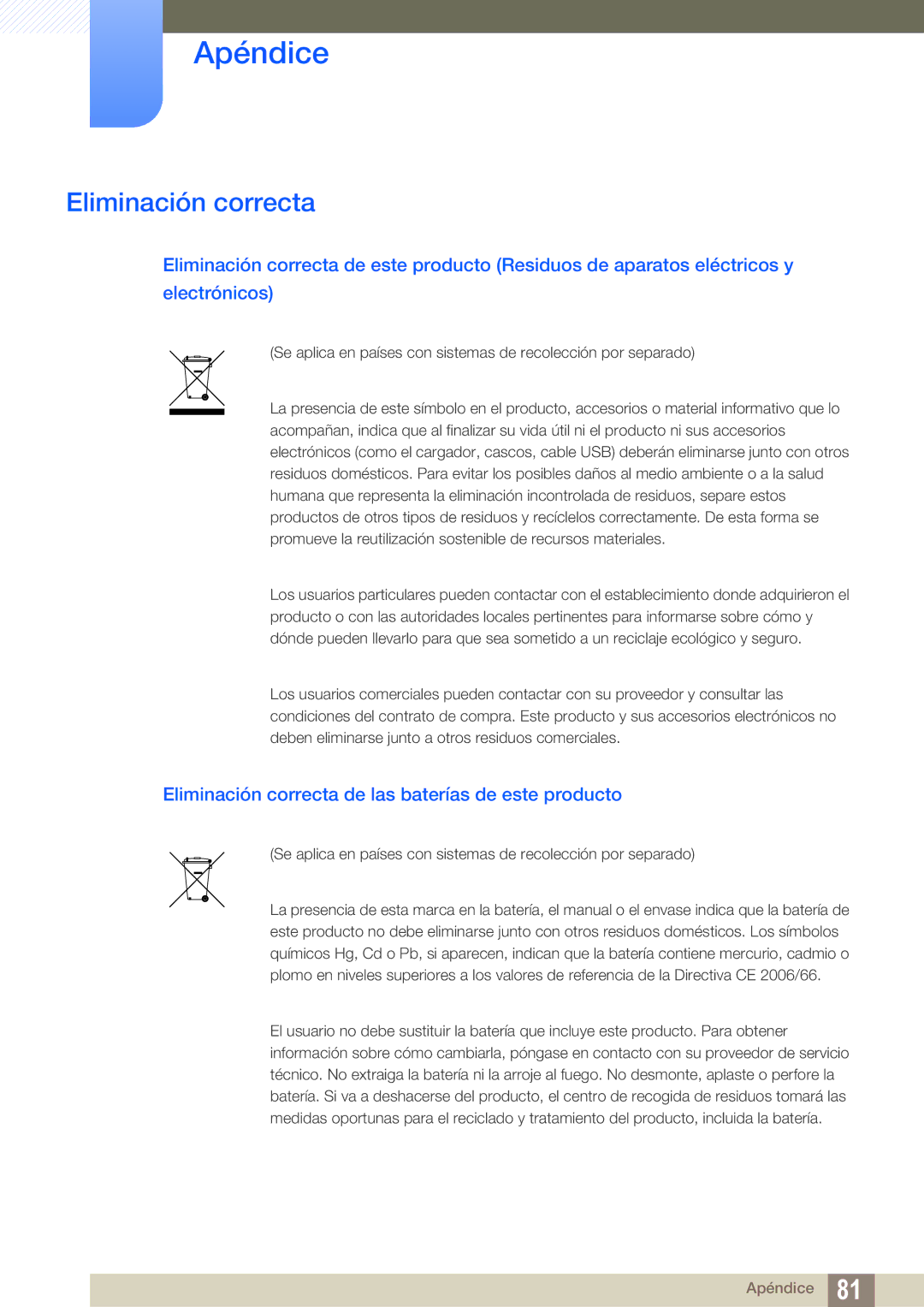 Samsung LF-TBWHD/EN, LF-TBWHF/EN manual Eliminación correcta de las baterías de este producto 