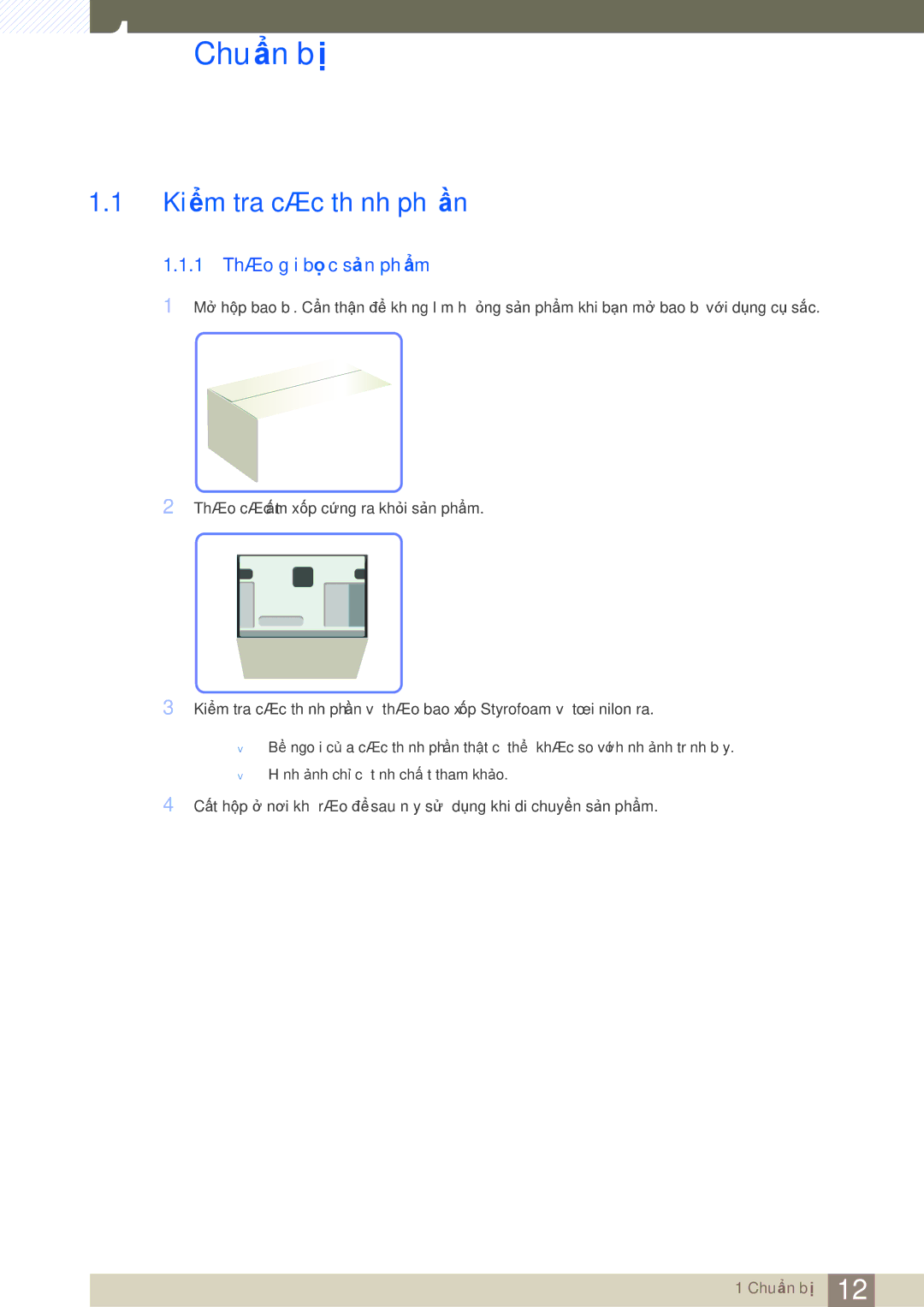 Samsung LF-TBWHF/XY manual Chuẩn bị, Kiểm tra các thành phần, 1 Tháo gói bọc sản phẩm 