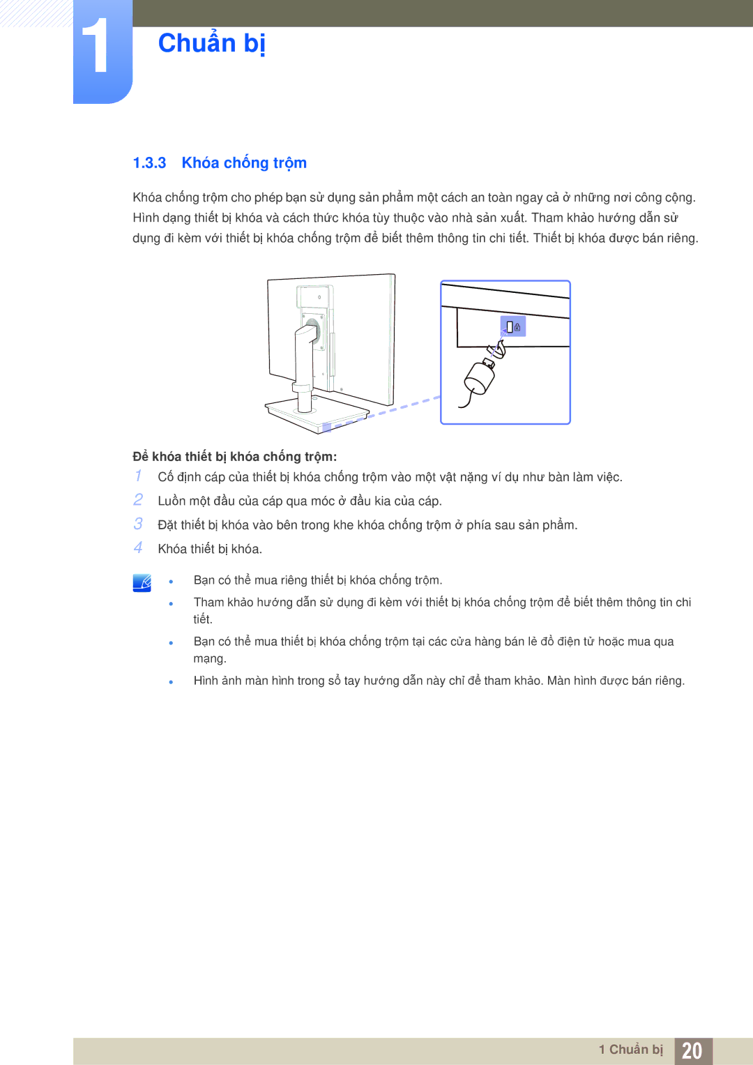 Samsung LF-TBWHF/XY manual 3 Khóa chống trộm, Để khóa thiết bị khóa chống trộm 