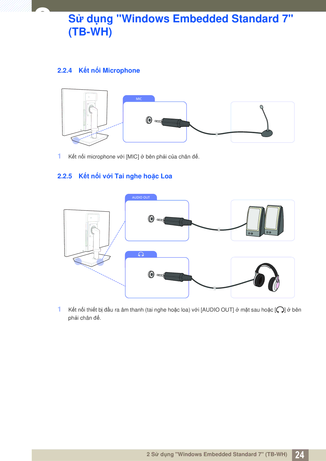 Samsung LF-TBWHF/XY manual 4 Kết nối Microphone, 5 Kết nối với Tai nghe hoặc Loa 