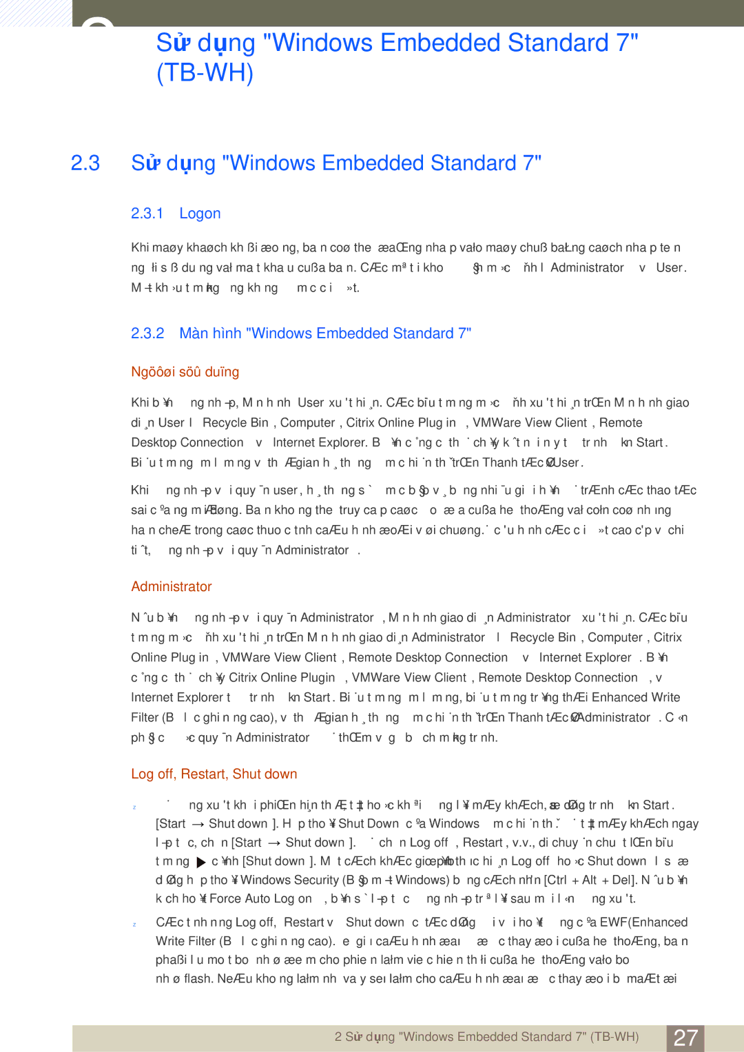 Samsung LF-TBWHF/XY manual Sử dụng Windows Embedded Standard, Logon, 2 Màn hình Windows Embedded Standard 