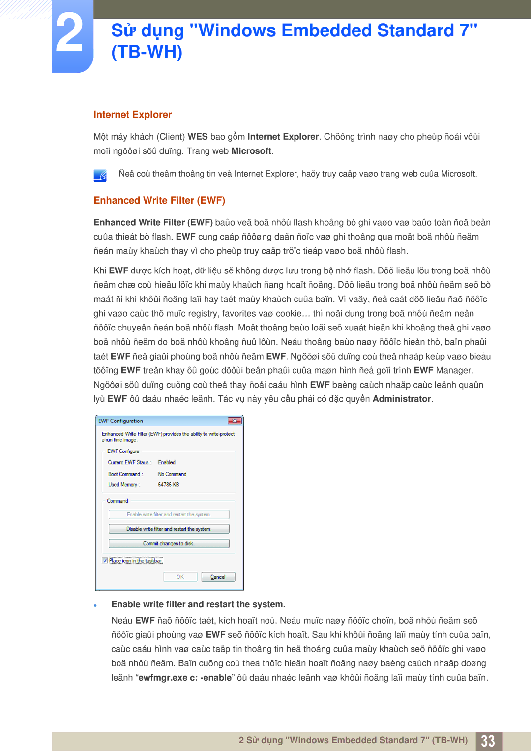 Samsung LF-TBWHF/XY manual Internet Explorer, Enhanced Write Filter EWF,  Enable write filter and restart the system 