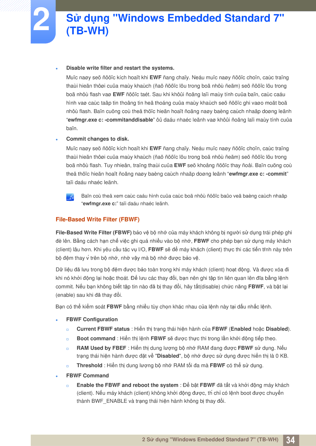 Samsung LF-TBWHF/XY manual Sử dụng Windows Embedded Standard 7 TB-WH, File-Based Write Filter Fbwf, Commit changes to disk 