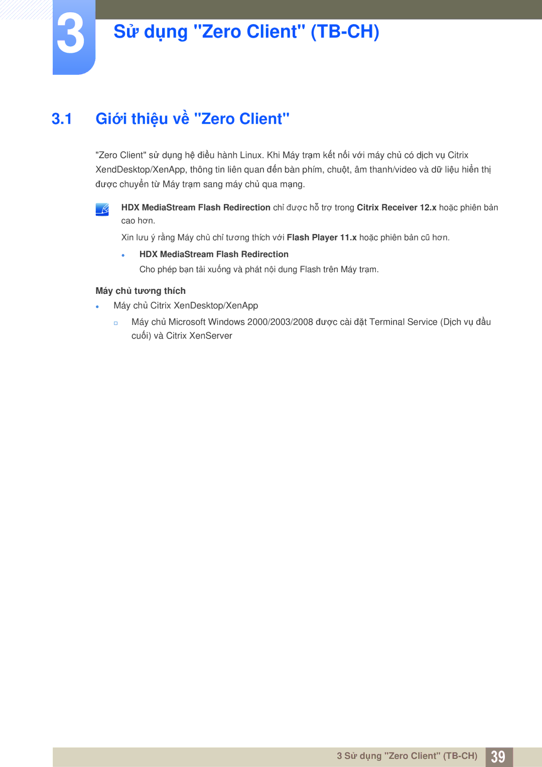 Samsung LF-TBWHF/XY manual Sử dụng Zero Client TB-CH, Giới thiệu về Zero Client,  HDX MediaStream Flash Redirection 