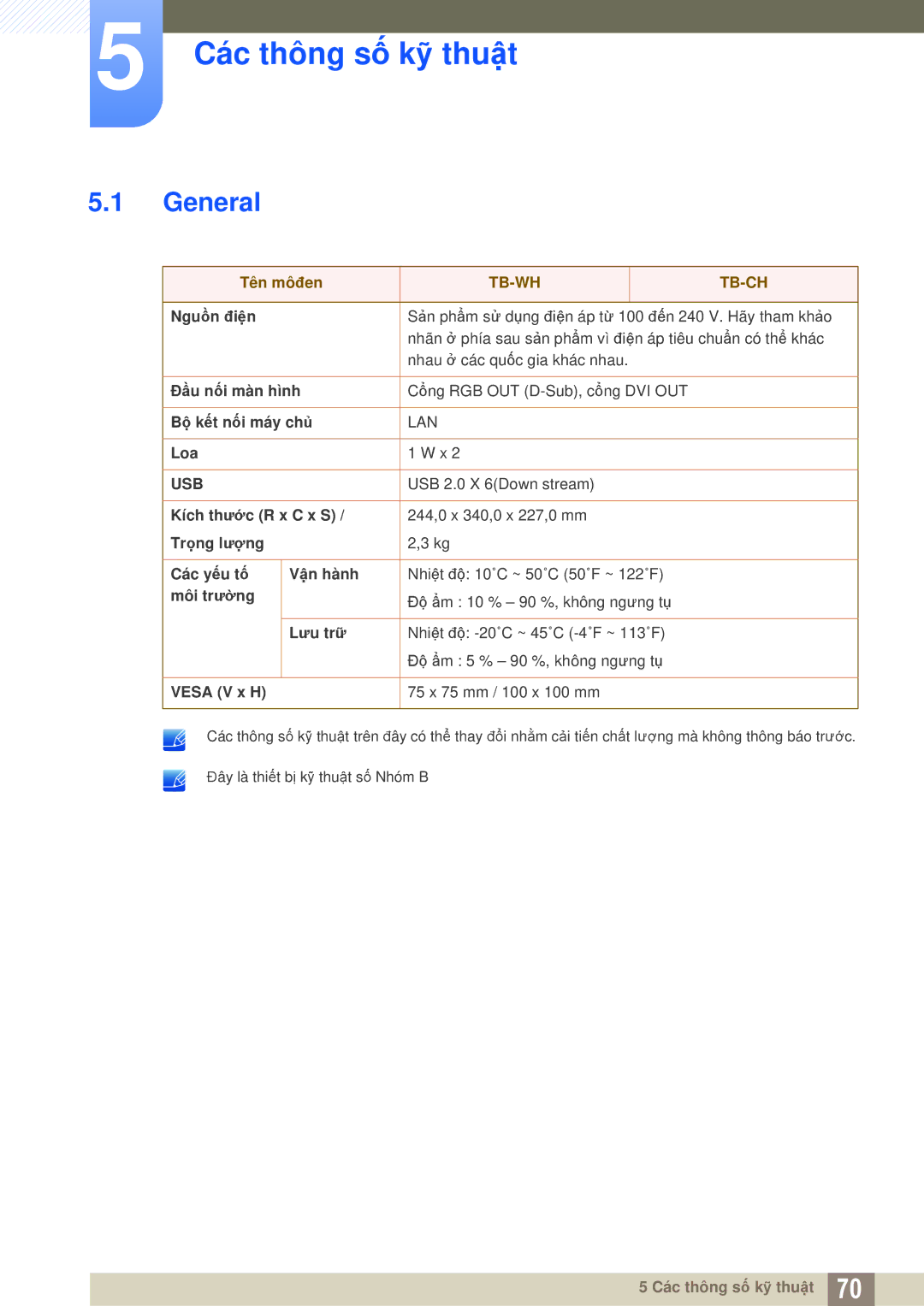 Samsung LF-TBWHF/XY manual Các thông số kỹ thuật, General 