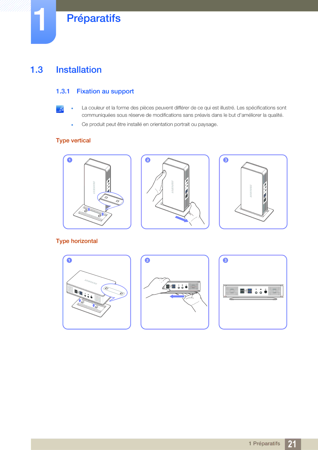 Samsung LF-TXWNF/EN, LF-TXWND/EN manual Installation, Fixation au support, Type vertical Type horizontal 