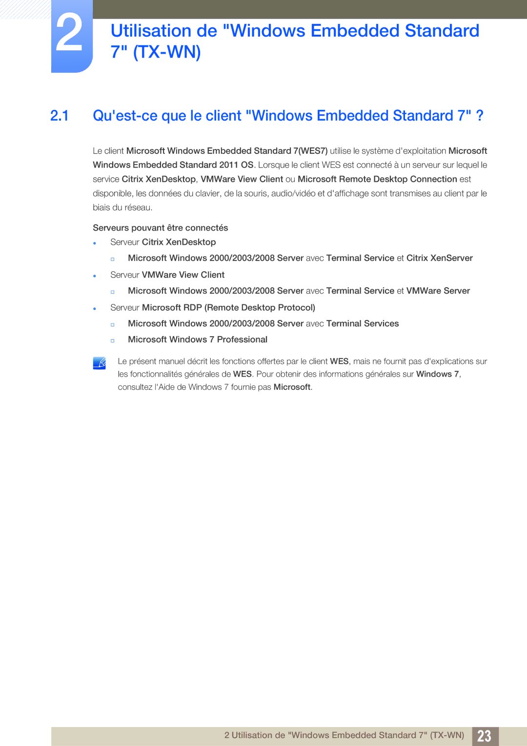 Samsung LF-TXWNF/EN Utilisation de Windows Embedded Standard 7 TX-WN, Quest-ce que le client Windows Embedded Standard 7 ? 