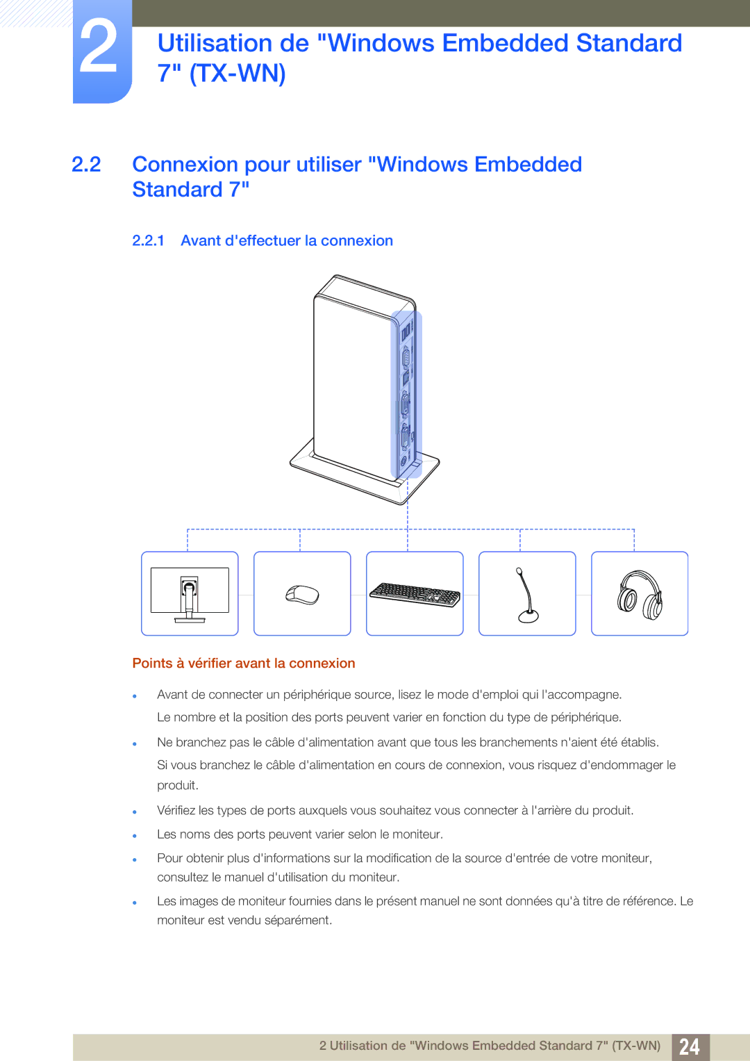 Samsung LF-TXWND/EN, LF-TXWNF/EN manual Connexion pour utiliser Windows Embedded Standard, Avant deffectuer la connexion 